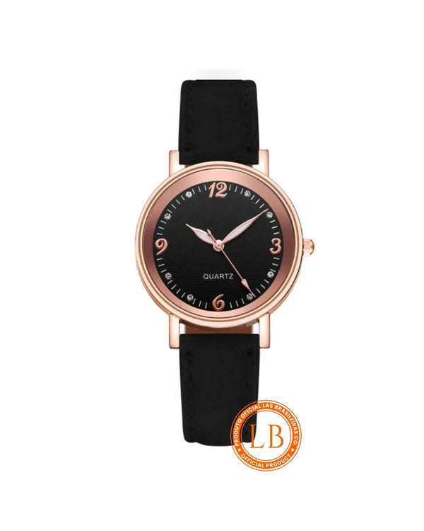 Relógio Quartz Preto Aro Bronze