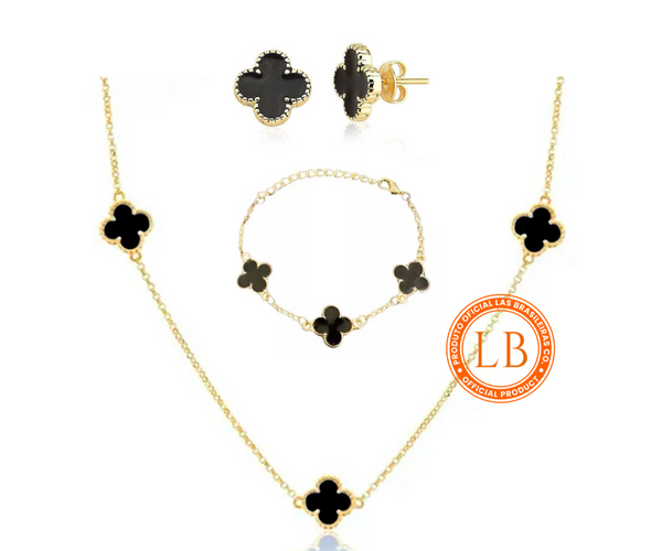 Conjunto Brinco, Colar e Pulseira Trevo Dourado