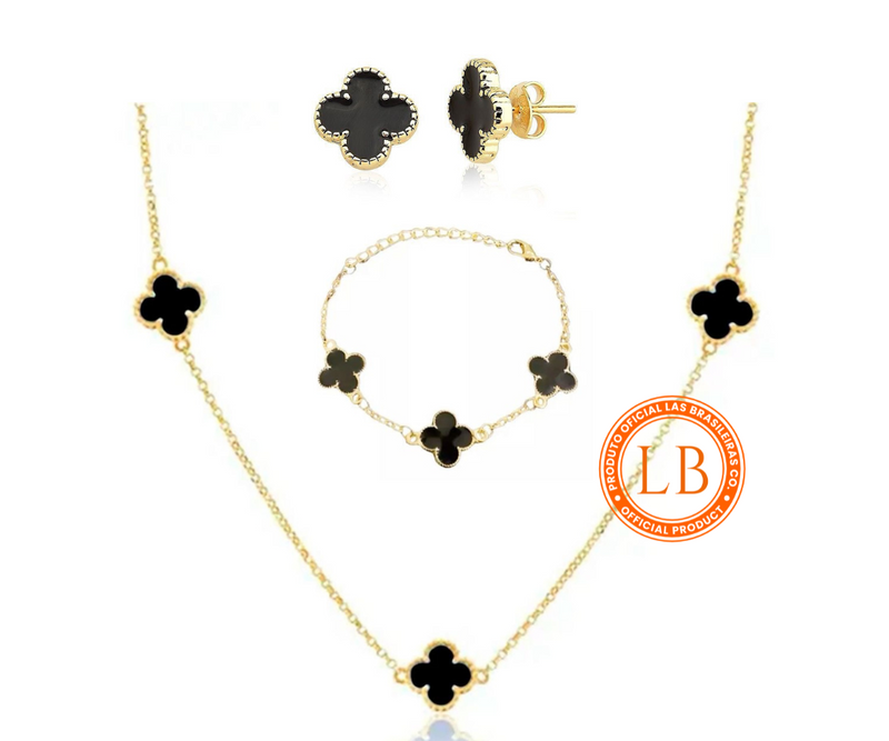 Conjunto Brinco, Colar e Pulseira Trevo Dourado