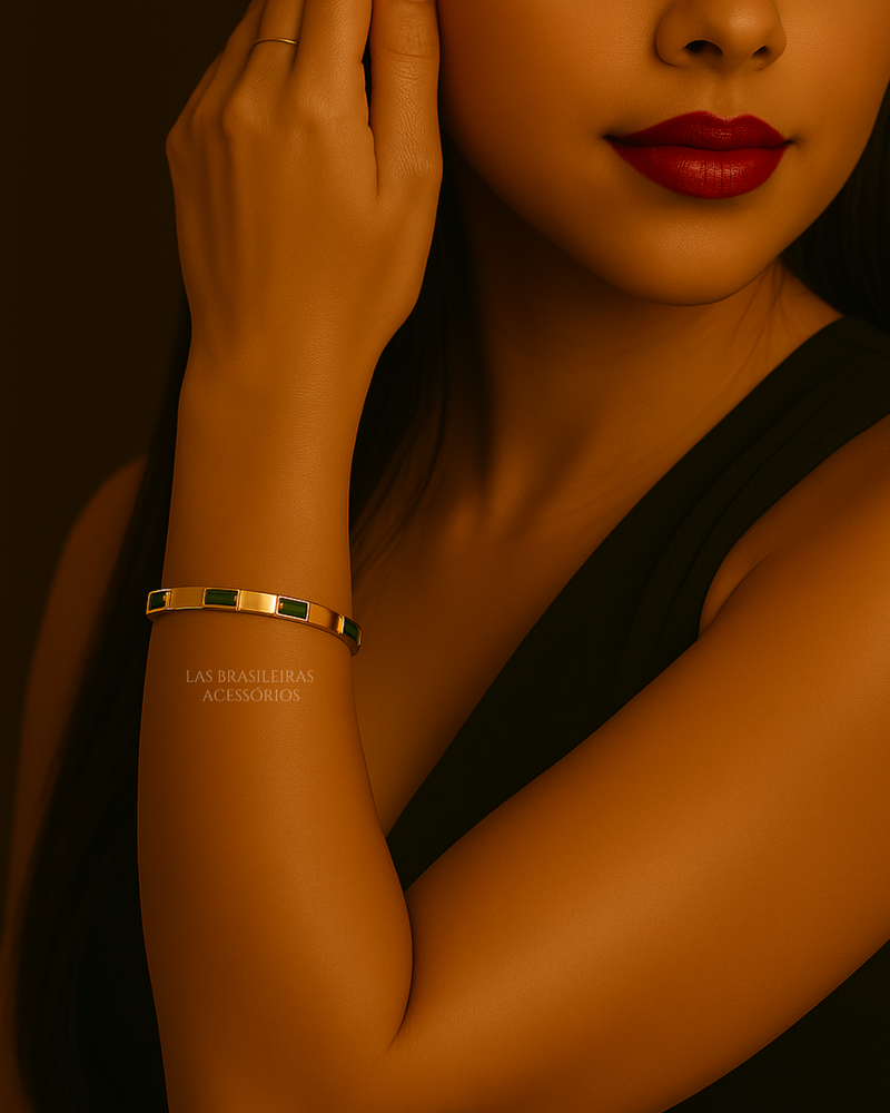 Pulseira Bracelete Esmeraldas Dourado