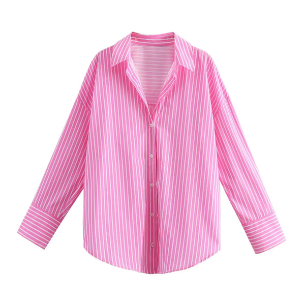 Camisa Casual Listrada Rosa