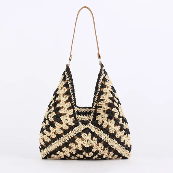 Bolsa de Ombro Palha Preto e Marrom