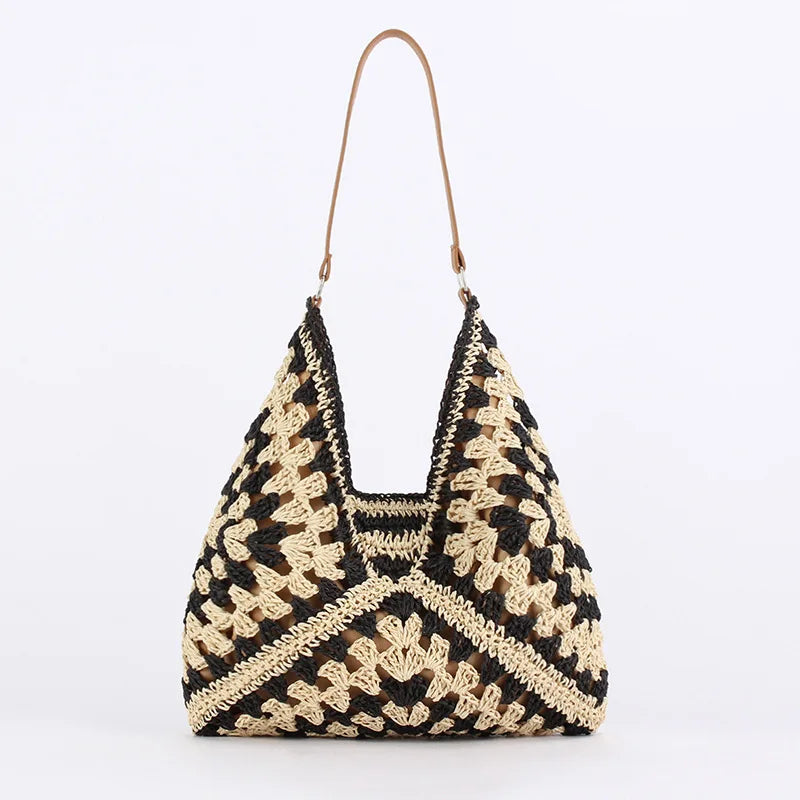 Bolsa de Ombro Palha Preto e Marrom